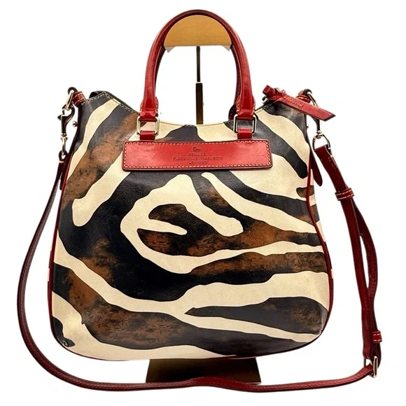 Rare Vintage Dooney & Bourke Zebra Red Trim Distressed Leather Safari Satchel - Picture 3 of 13